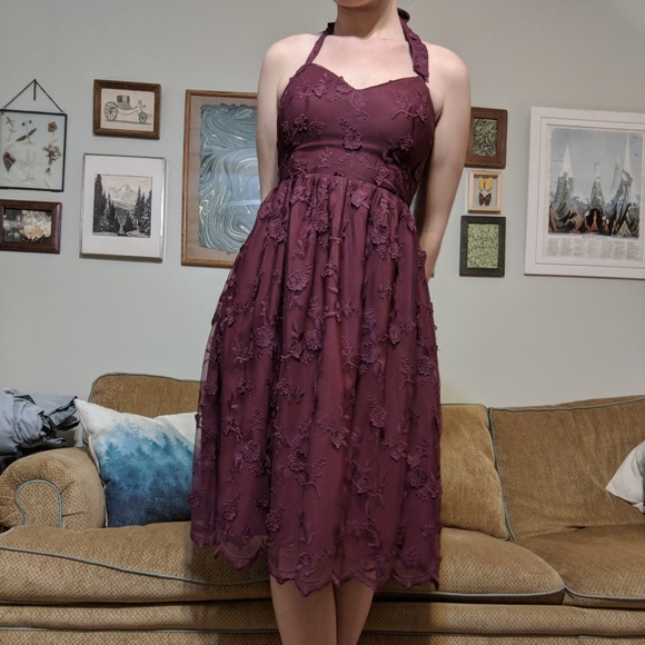 Modcloth Maroon Halter Floral Midi Dress (small) - Picture 4 of 8